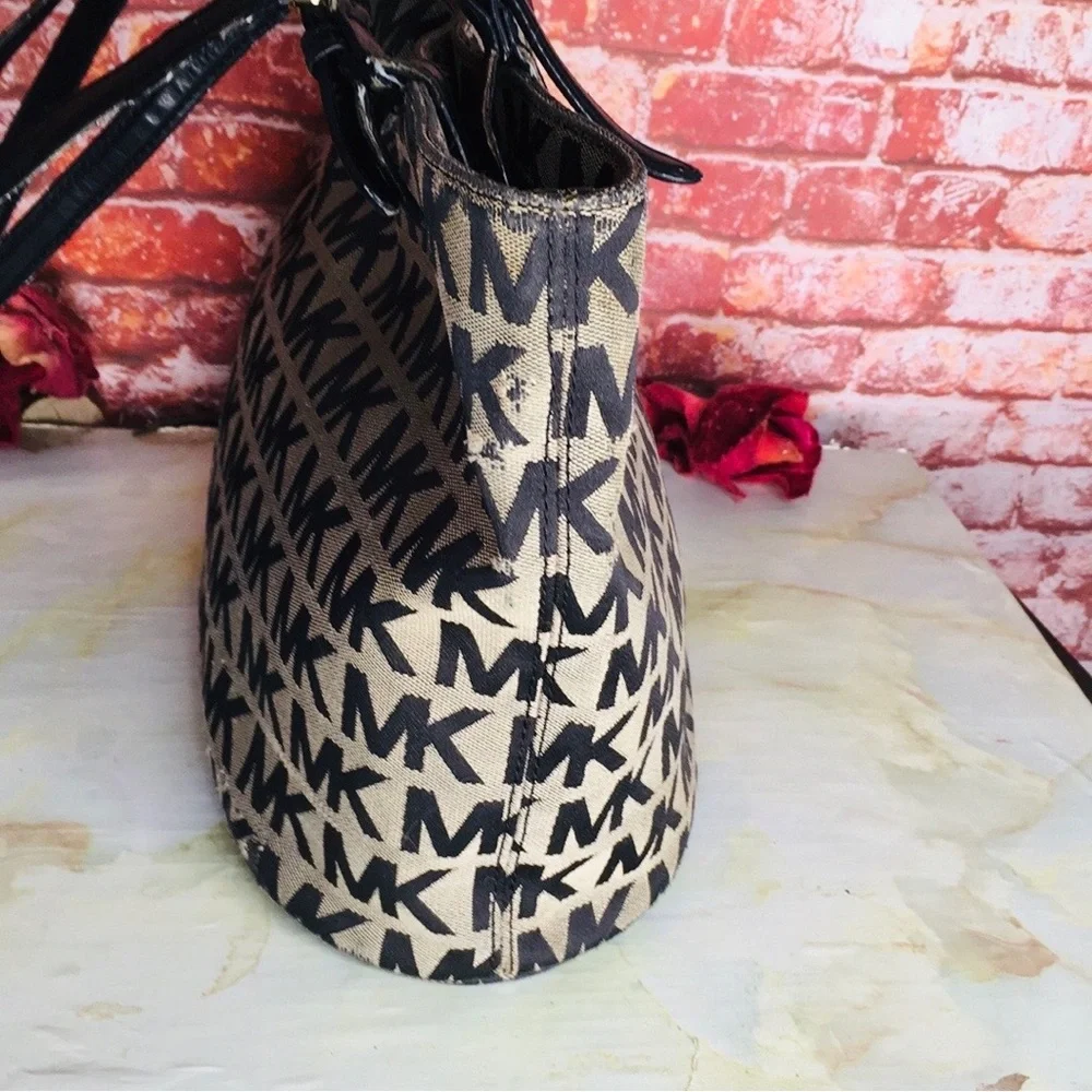 Michael Kors Black and Tan Canvas and LeatherJet Set Signature Logo Tote
